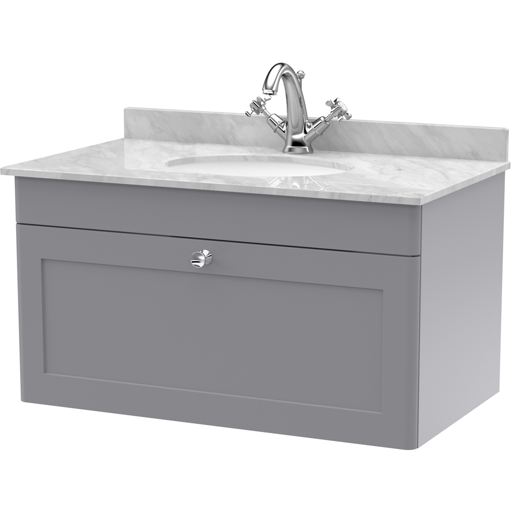 nuie Classique Single Drawer Satin Grey Wall Hung Unit and 1 Tap Hole Marble Basin 800mm Image 1