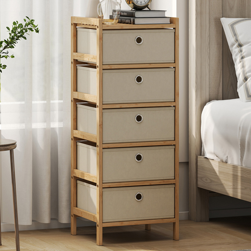 Portland 5 Fabric Drawer Cream White Bamboo Frame Chest of Drawers Image 1
