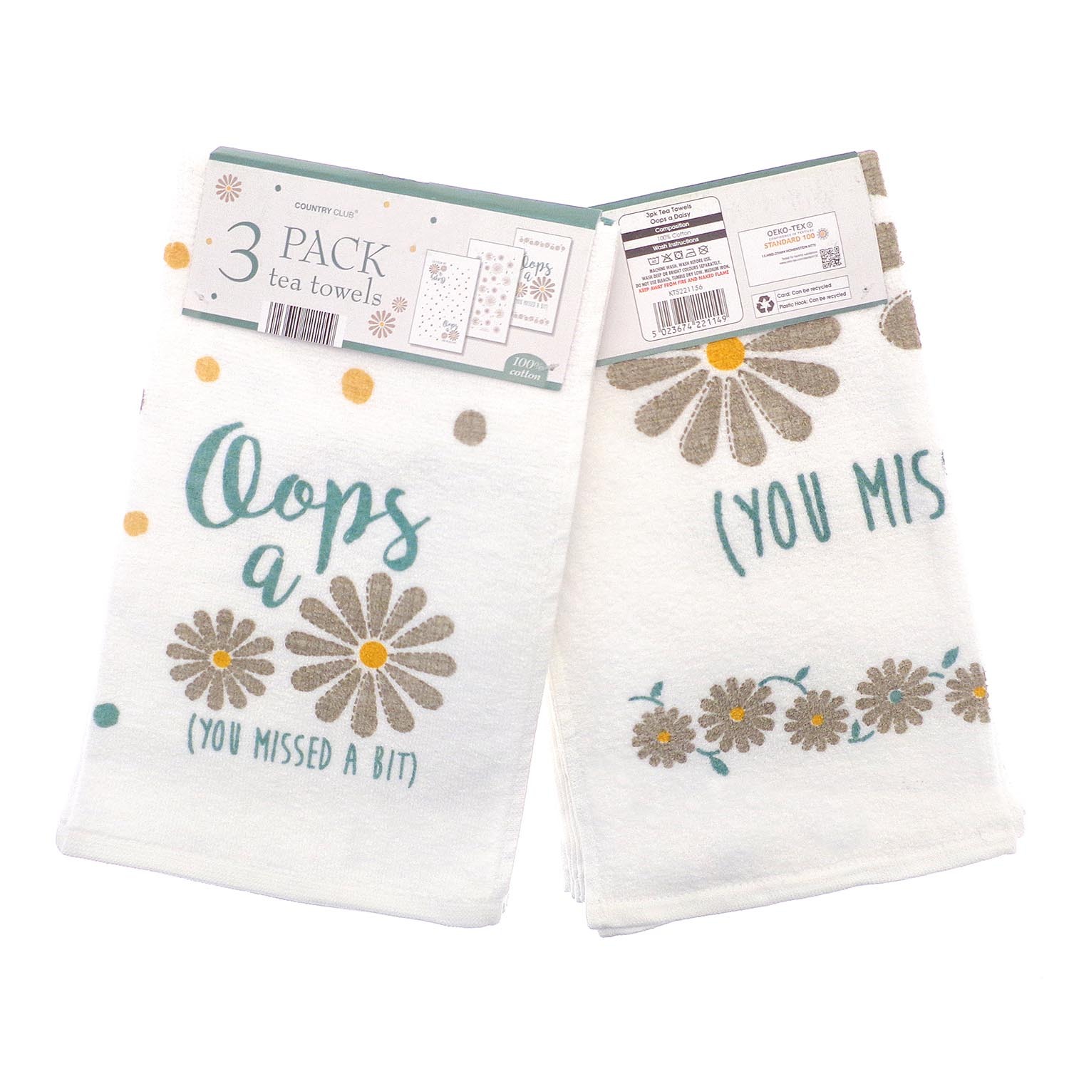 Pack of 3 Oops a Daisy Tea Towels - White Image 2