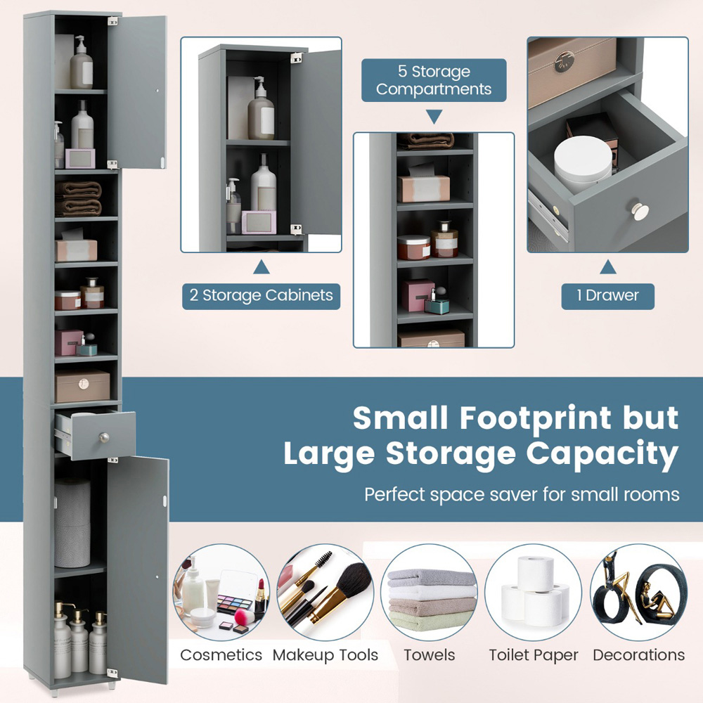 Costway 2 Door Single Drawer 5 Shelf Grey Tall Freestanding Storage Cabinet Image 7
