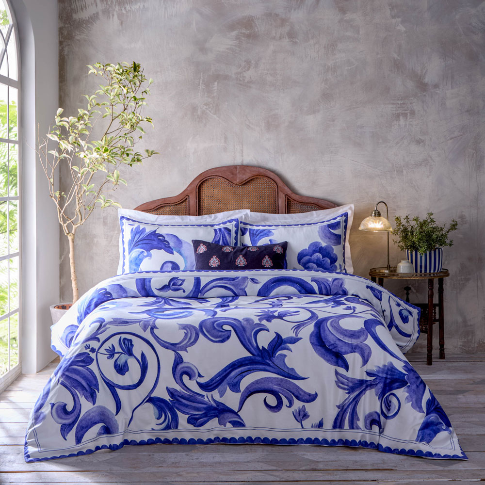 Paoletti Azzurro King Size Blue Printed Cotton Duvet Set Image 1