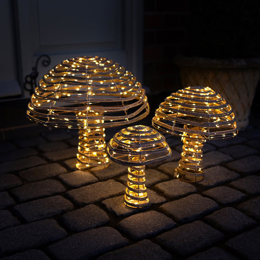 Charles Bentley Rattan Light Up Mushrooms Christmas Decoration 3 Pack Image 1