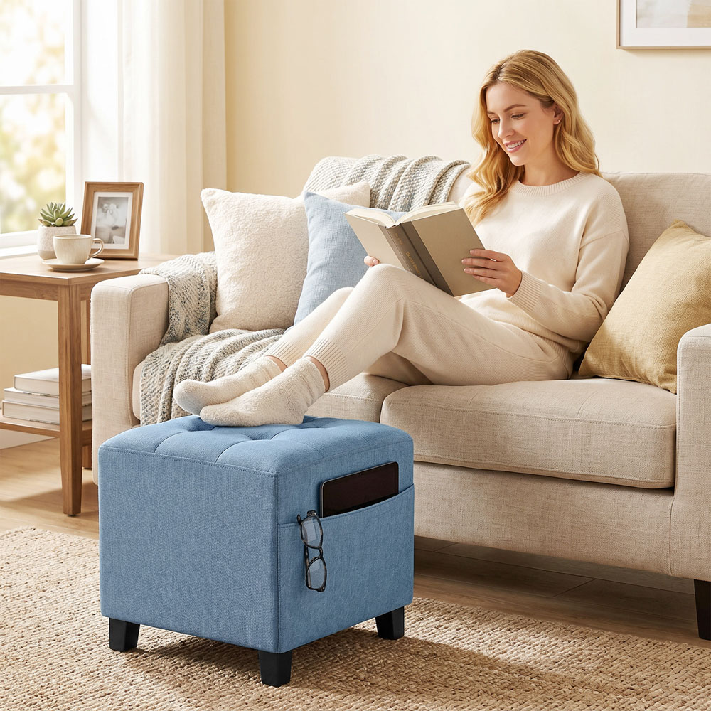 HOMCOM Dark Blue Small Ottoman Pouffe Stool with Side Pocket Image 3