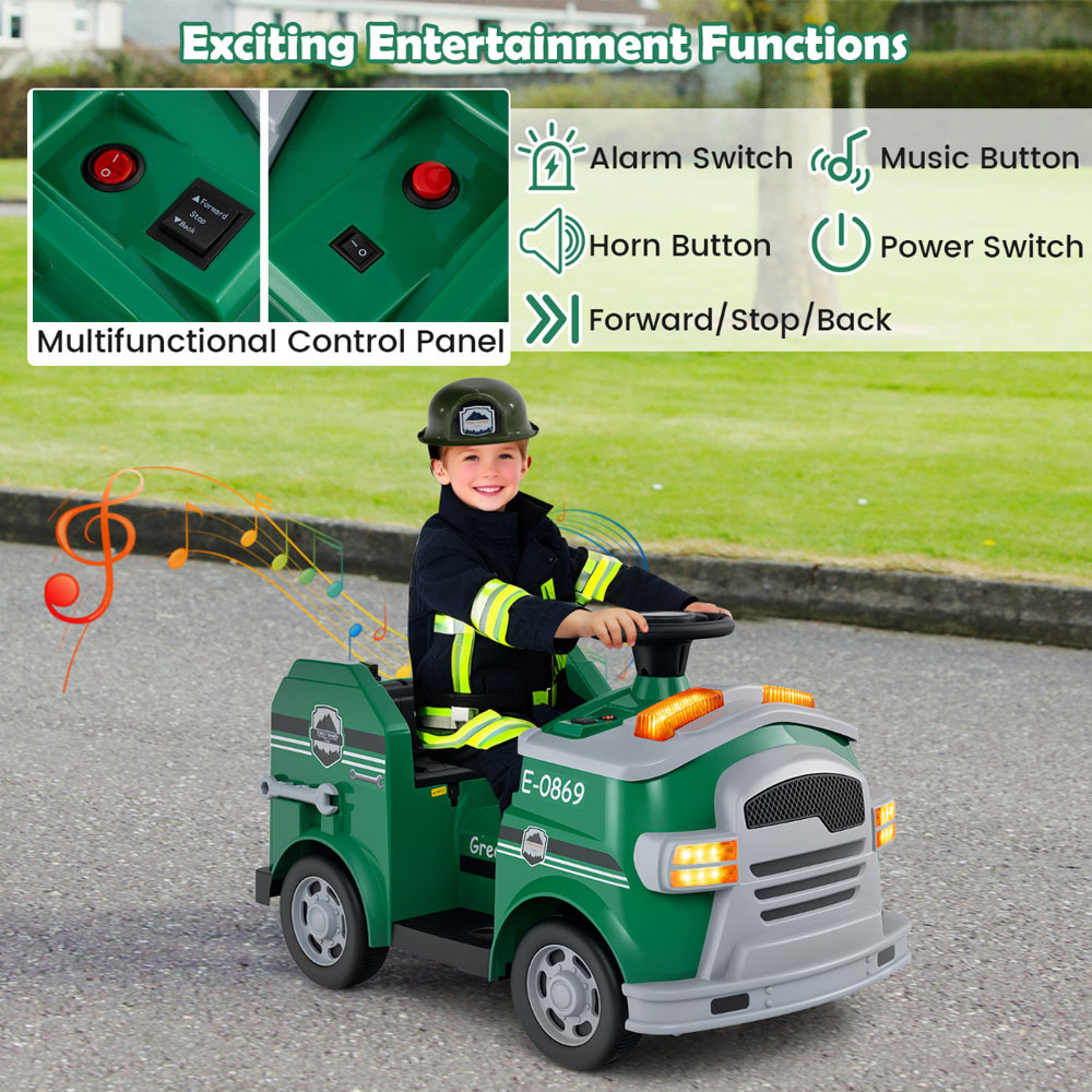 Costway Kids Green Ride On Fire Truck with Shovel and Wrench 12V Image 7