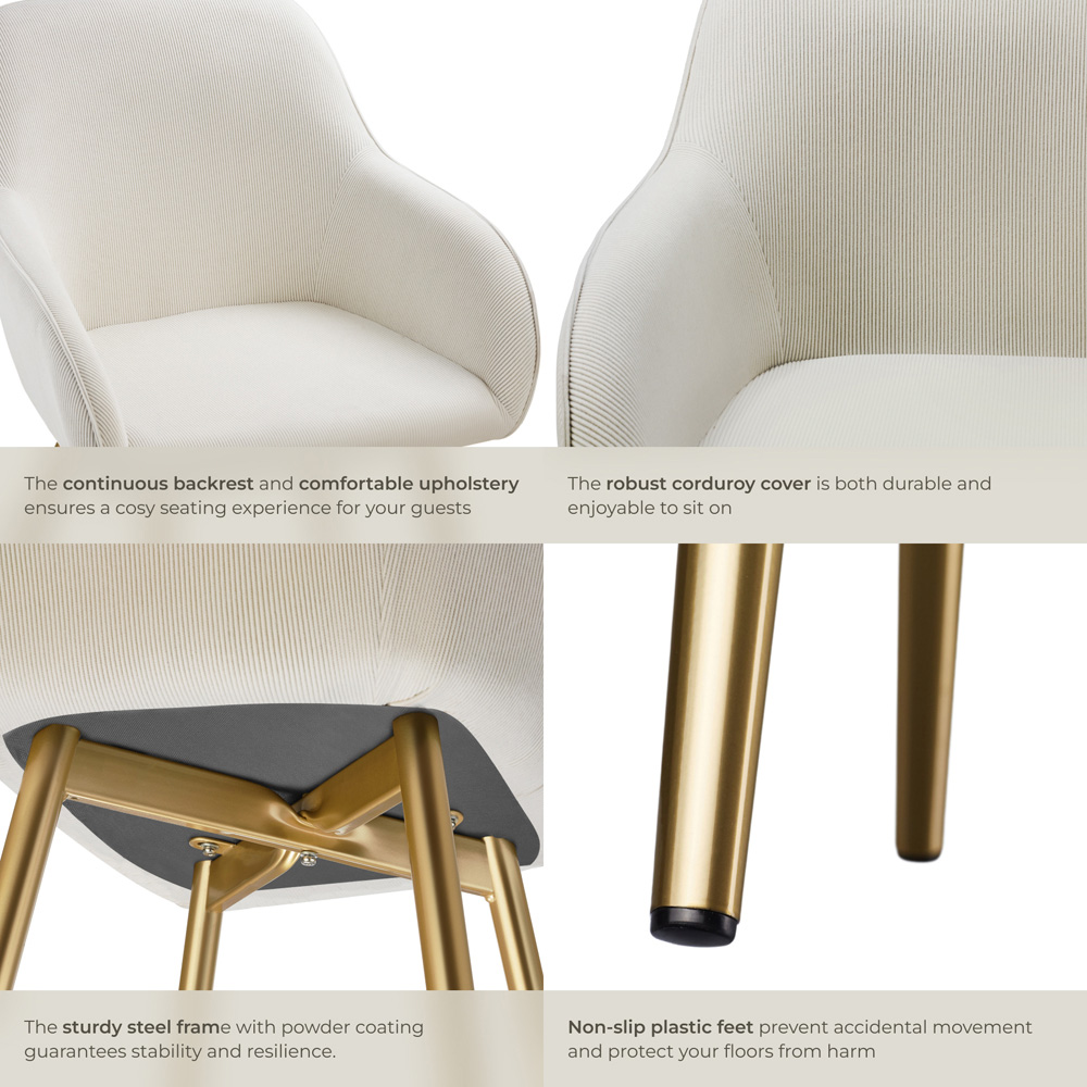 tectake Marilyn Cream and Gold Corduroy Padded Dining Chair Image 6