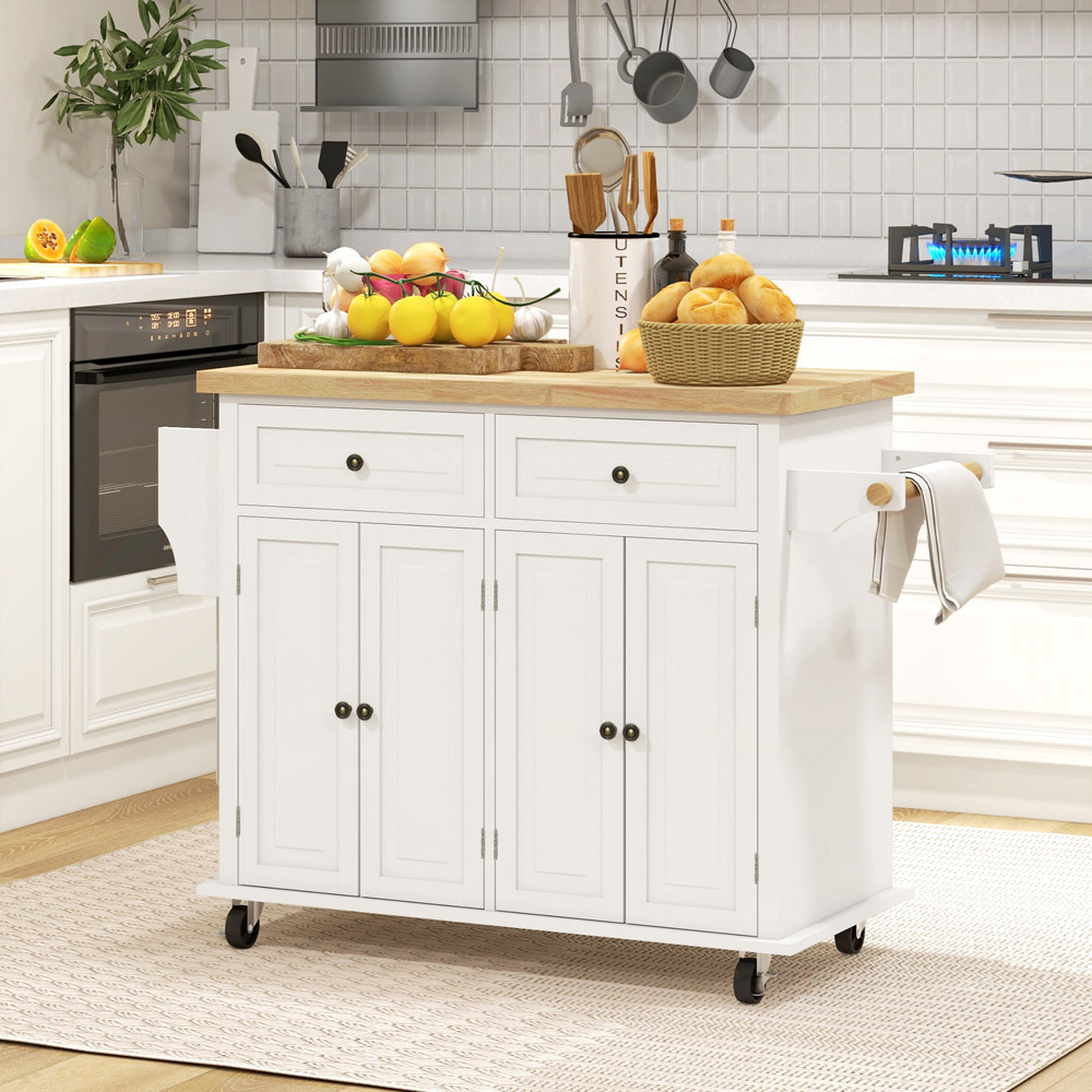 HOMCOM 4 Door 2 Drawer Cream White Rolling Kitchen Storage Cart Image 2