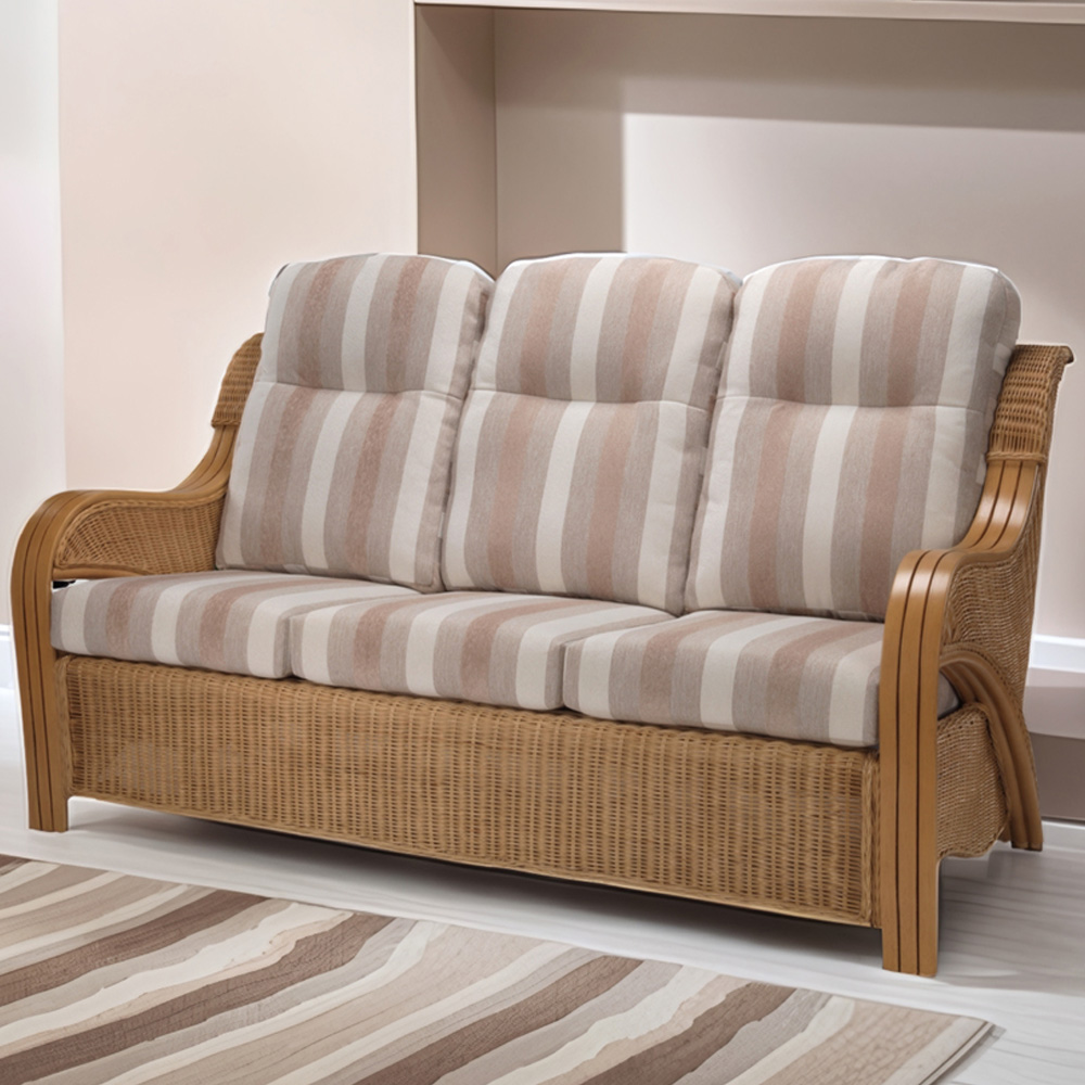Desser Furniture Opera 3 Seater Light Oak Natural Rattan Duke Beige Stripe Sofa Image 1