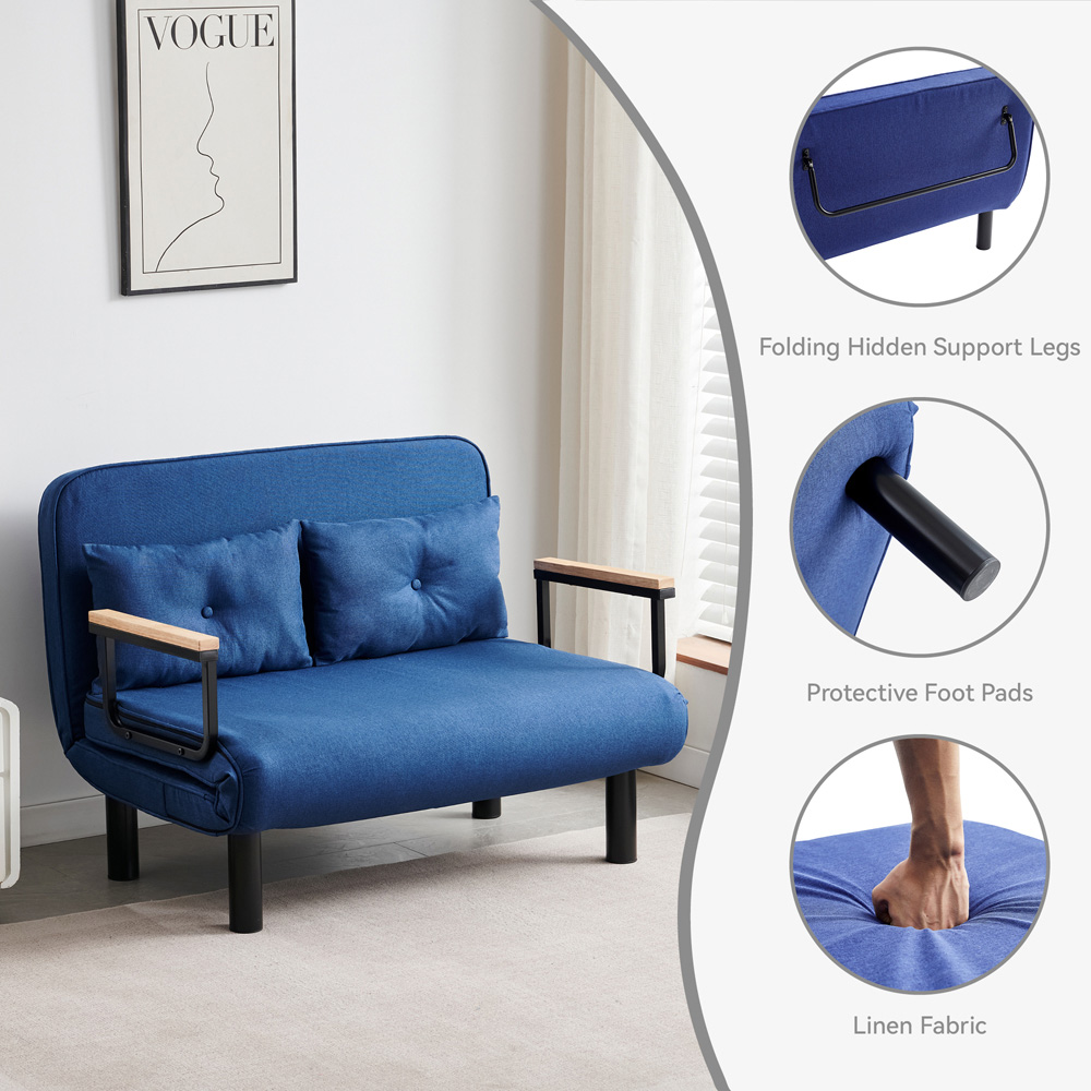 2 Seater Blue 4-in-1 Foldable Sofa Bed with Adjustable Backrest and Large Cushion Image 4