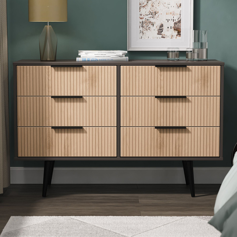 Crowndale Hong Kong 6 Drawer Slatt Effect and Graphite Wide Chest of Drawers Ready Assembled Image 1