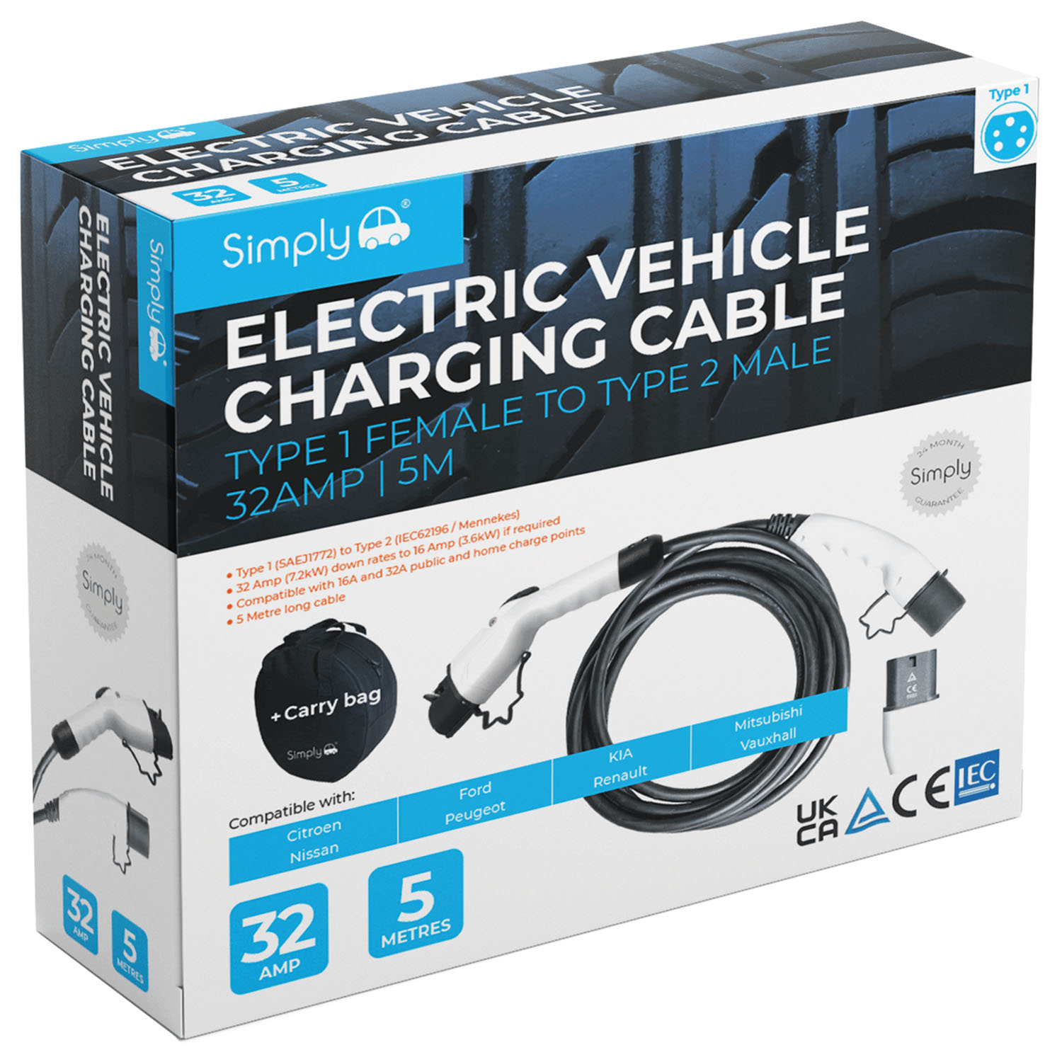 Electric Vehicle Charging Cable - Type 1 F to Type 2 M Image 1