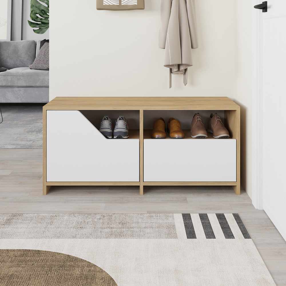 Decortie Nexus 2 Door Single Shelf Oak White Shoe Cabinet Image 5