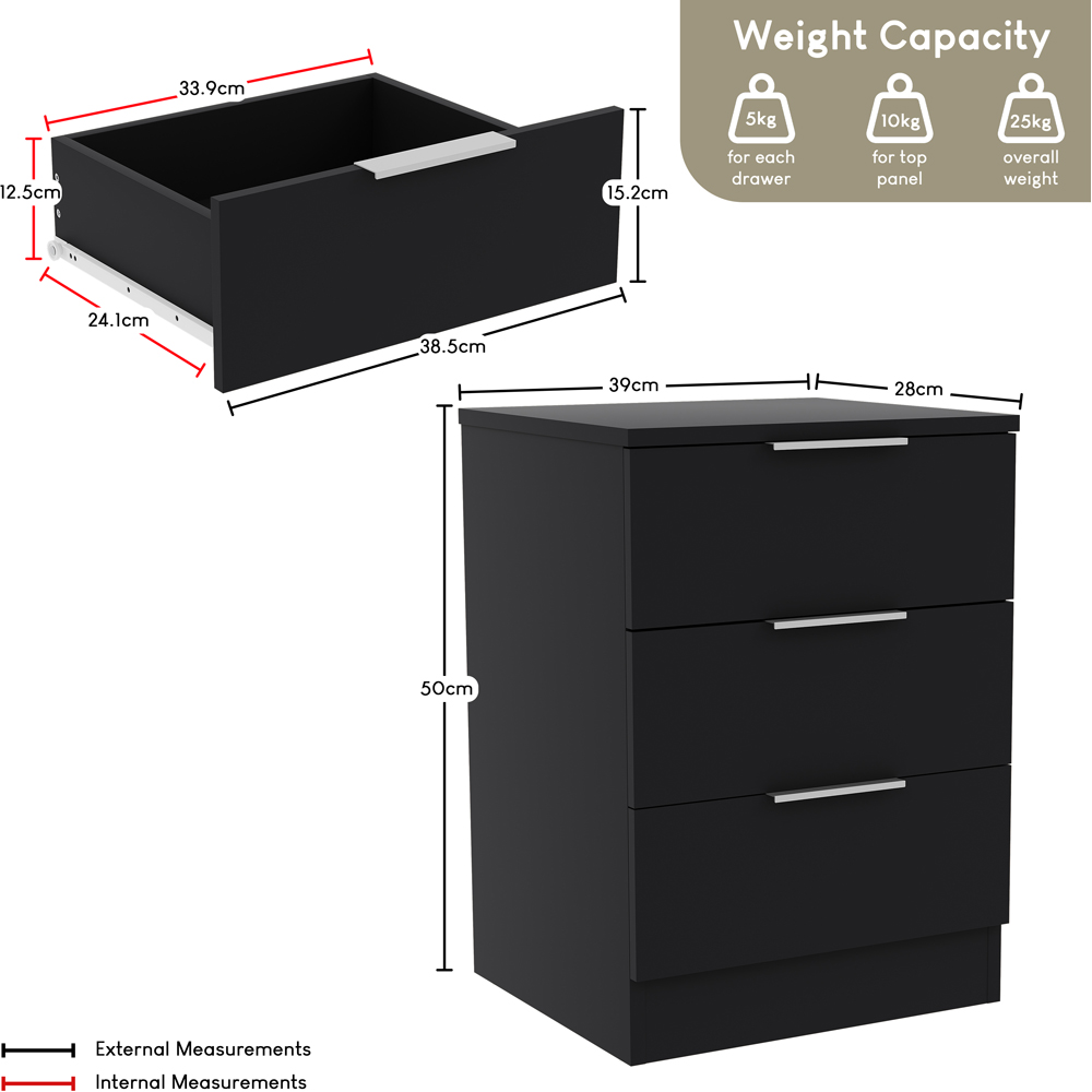 VIDA DESIGNS Trega 3 Drawer Black Bedside Cabinet Set of 2 Image 7