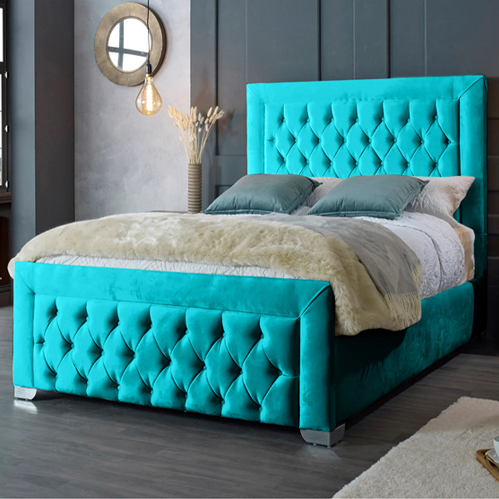 Eleganza Home Gelson King Size Teal Plush Velvet Bed Frame with Chesterfield Headboard Image 1