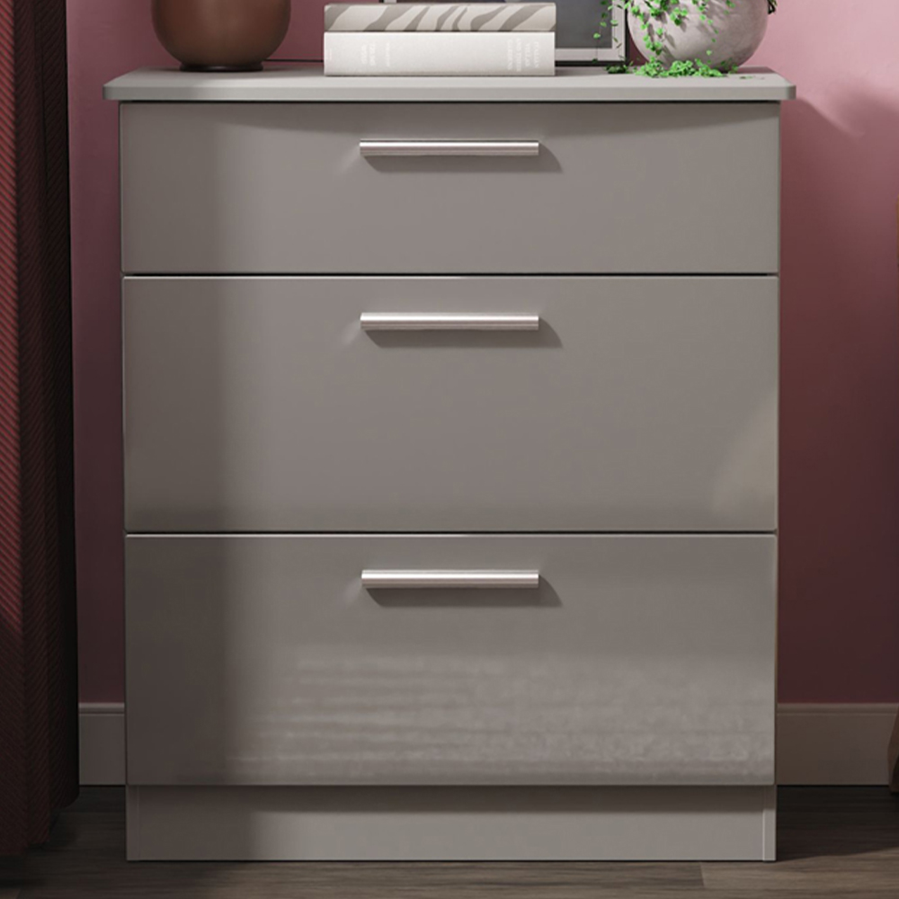 Crowndale Knightsbridge 3 Drawer Grey Gloss and Dusk Grey Deep Chest of Drawers Ready Assembled Image 1