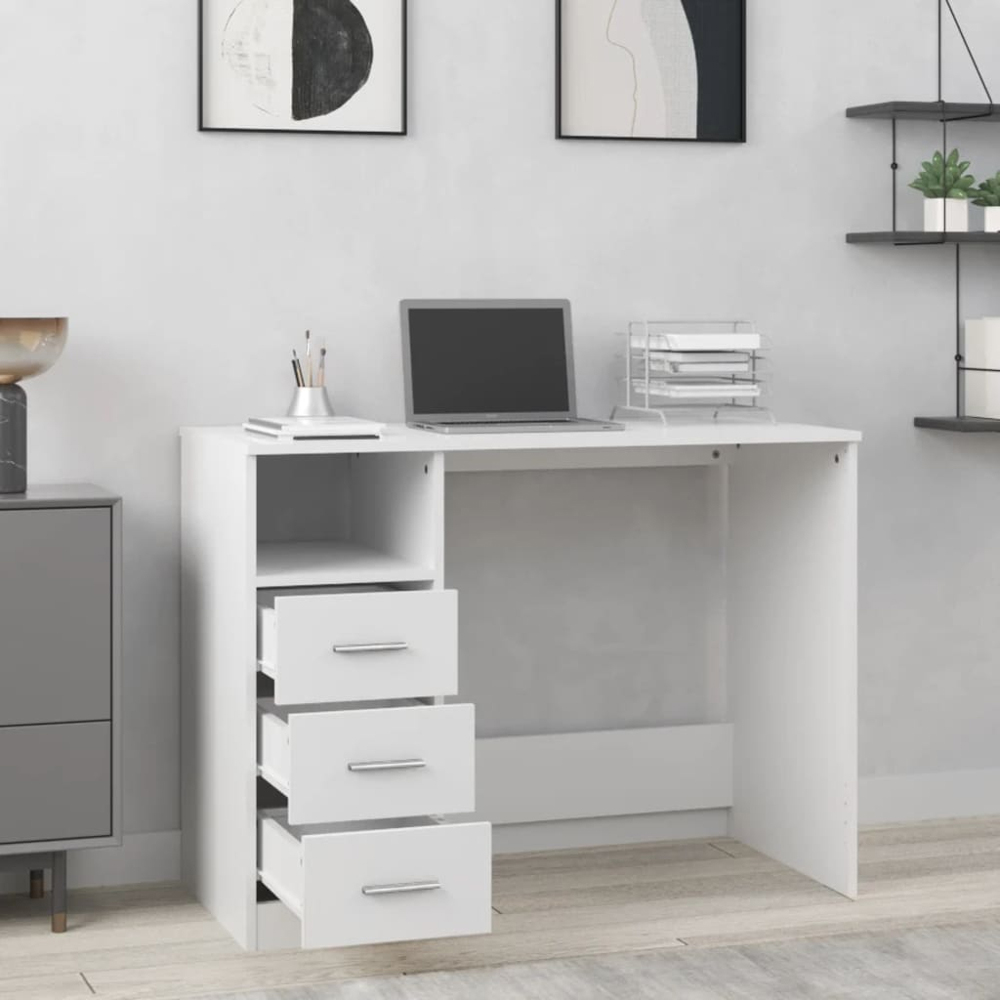 vidaXL 3 Drawer Single Shelf Computer Desk White Image 7