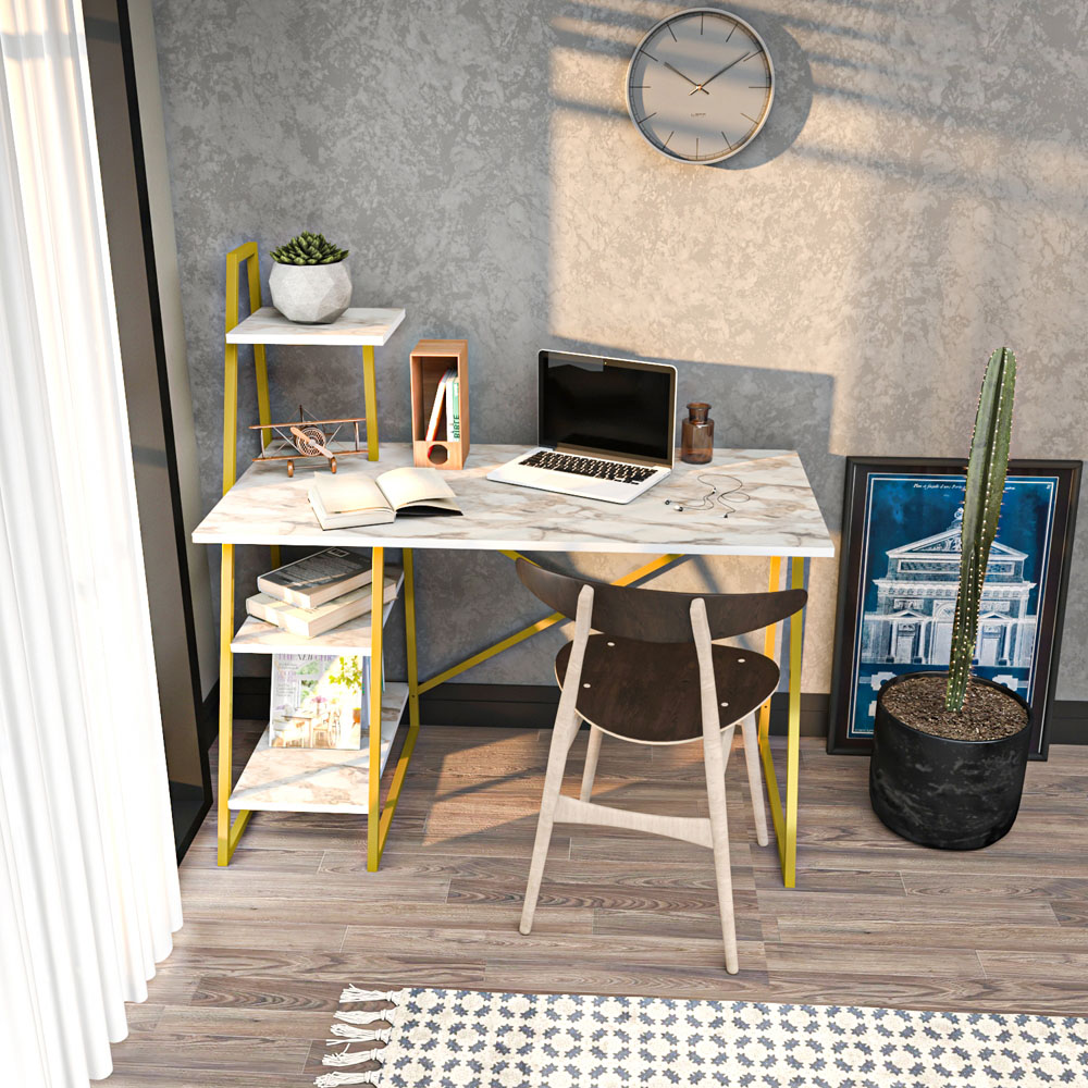 Decorotika Admira Gold and White Marble Effect Modern Computer Desk Image 5