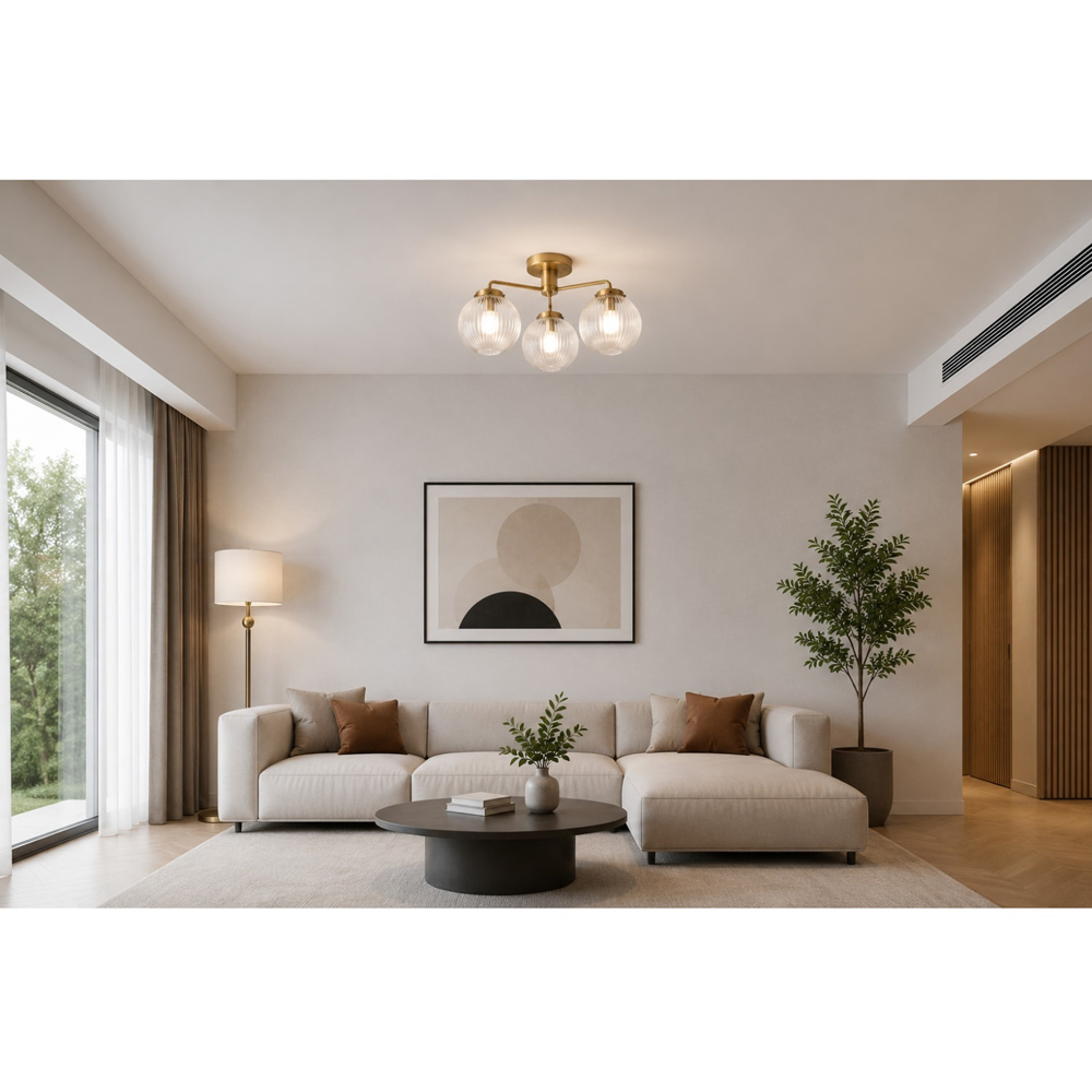 Cosylyte Finley Bathroom 3 Light Classic Ribbed Glass Brass Metal Base Down Ceiling Light Image 7