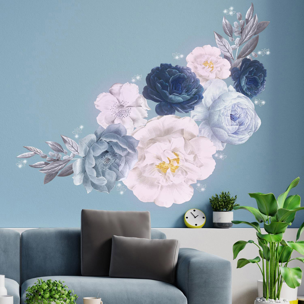 Walplus Flower Theme Peonies Blue Self Adhesive Wall Sticker with Swarovski Butterflies Image 1