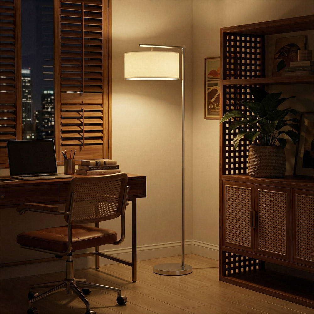 Portland White Linen Shade Silver Tone Pole LED Floor Lamp Image 4