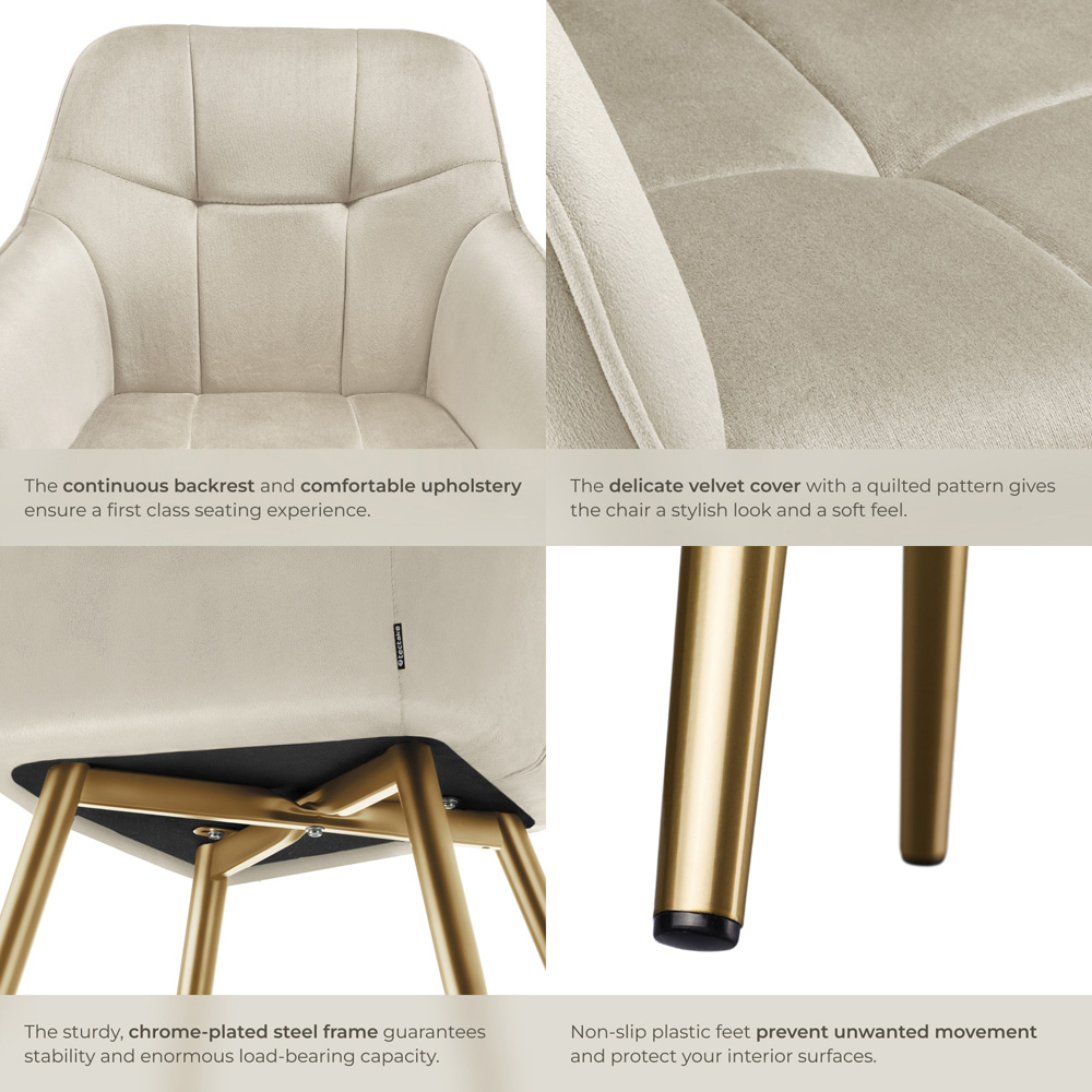 tectake Marilyn Cream and Gold Quilted Velvet Look Chair Set of 4 Image 5