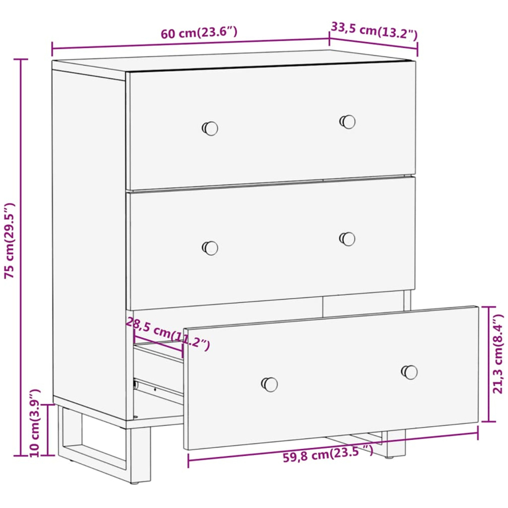 vidaXL 3 Drawer Brown and Black Solid Mango Wood Side Cabinet Set of 2 Image 9