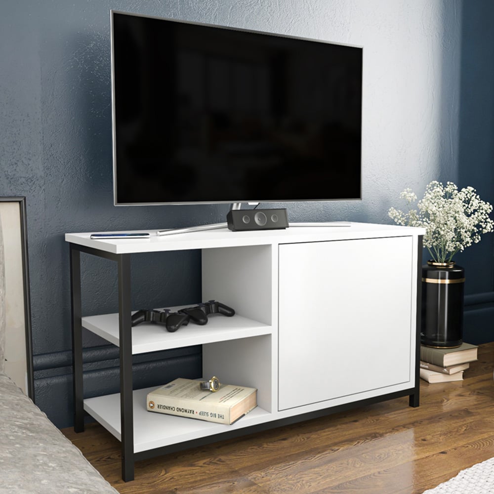 Decorotika Muskegon Single Door and 2 Open Shelf Black and White TV Unit Image 6