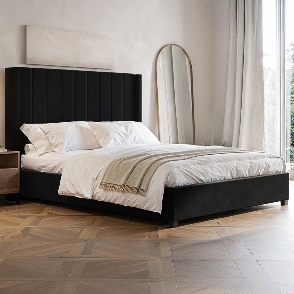 Flair Tiggy Double Black Velvet Ottoman Bed with Winged Headboard Image 1