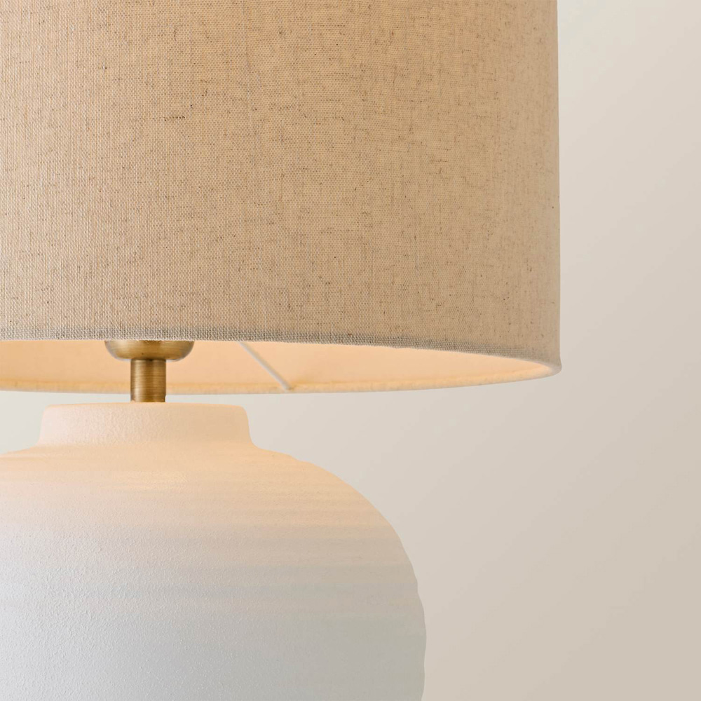 ValueLights Reid Linen Drum Shade White Ribbed Ceramic Large Table Lamp with Bulb Image 3