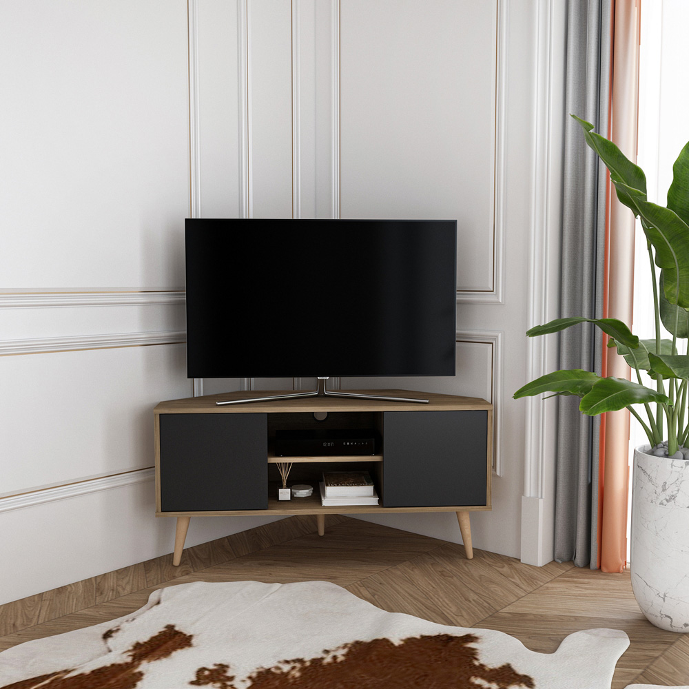 Decorotika Lesson 2 Door 2 Shelf Walnut and Black Corner TV Stand Image 8