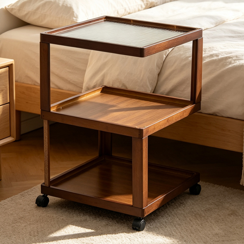 Living and Home 3-Tier Brown Bamboo Acrylic Top Side Table with Lockable Castors Image 1
