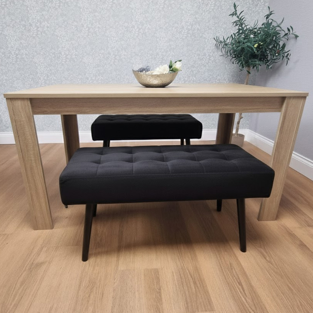 Portland 2 Seater Velvet Wooden Dining Bench Set Oak Effect and Black Image 1