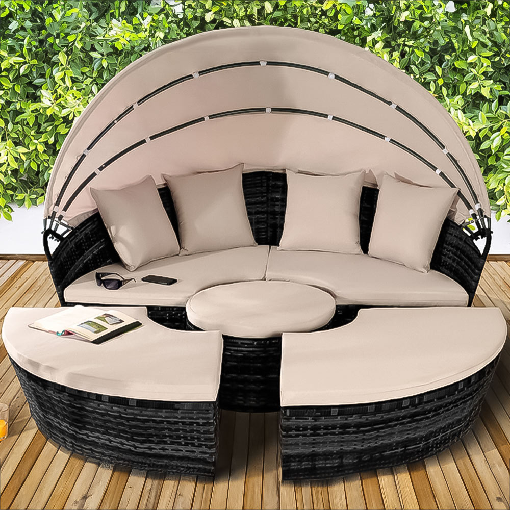 Brooklyn Luxury 8 Seater Black Rattan Sun Lounger Sofa Set with Canopy and Cover 160cm Image 1