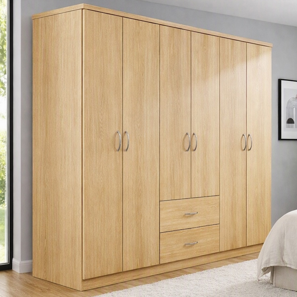 TJ'S Venice 6 Door 2 Drawer Oak Wardrobe Image 1