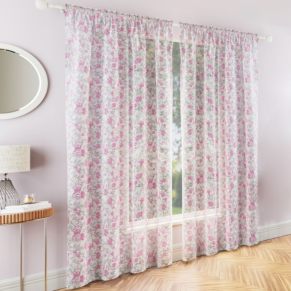 Tyrone Textiles Mia Pink Floral Print Sheer Rod Pocket Voile Panel Curtains 140 x 122cm Image 1
