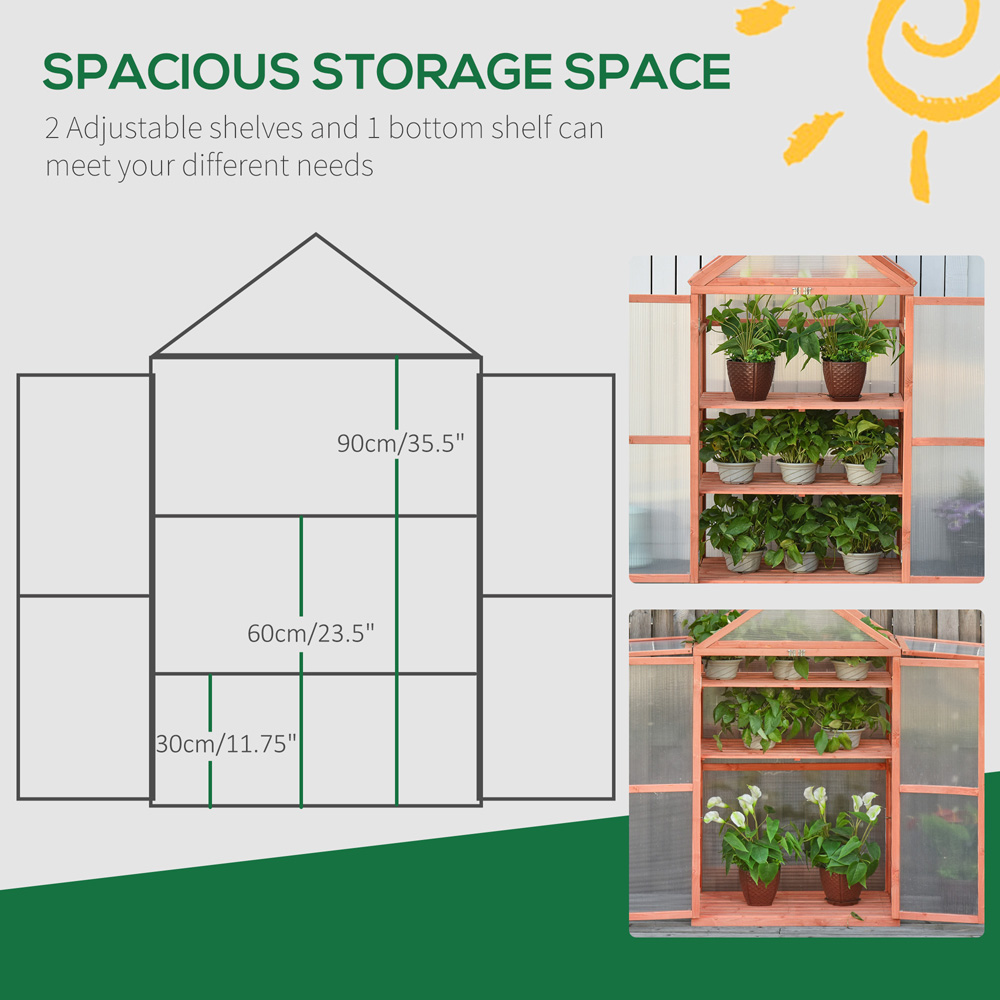 Outsunny 3 Shelf Orange Wooden Polycarbonate 2.6 x 1.5ft Cold Frame Greenhouse Image 7
