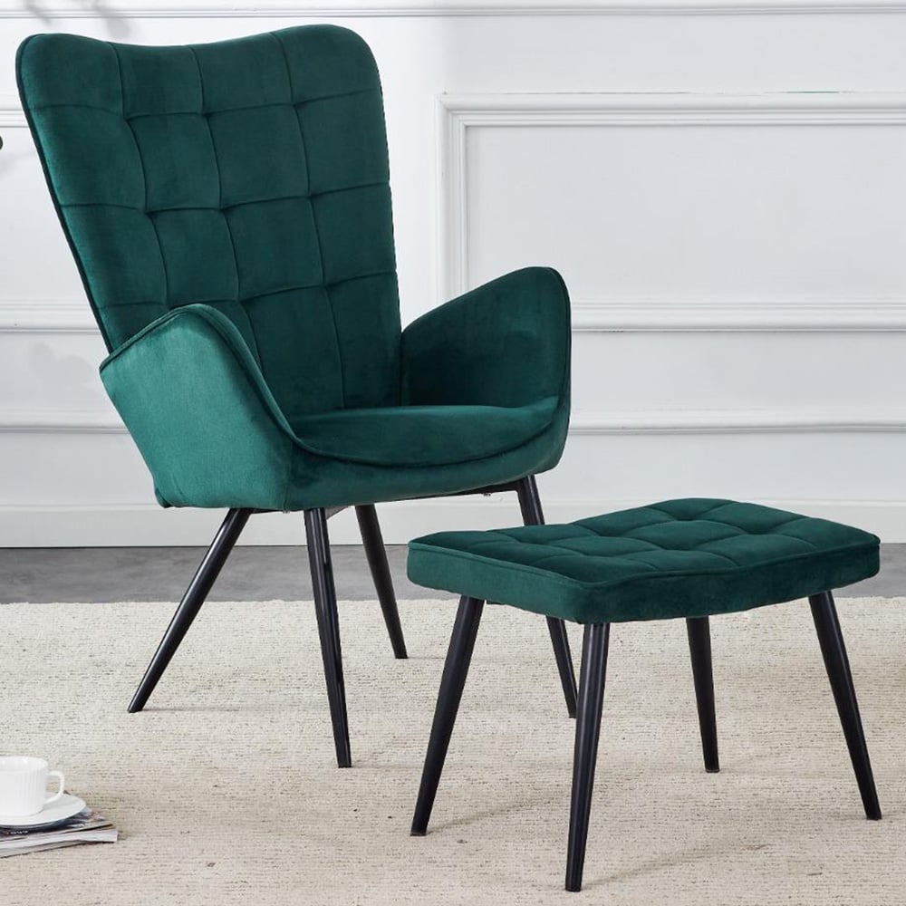 Portland Green Velvet Lounge Chair with Footstool Image 1