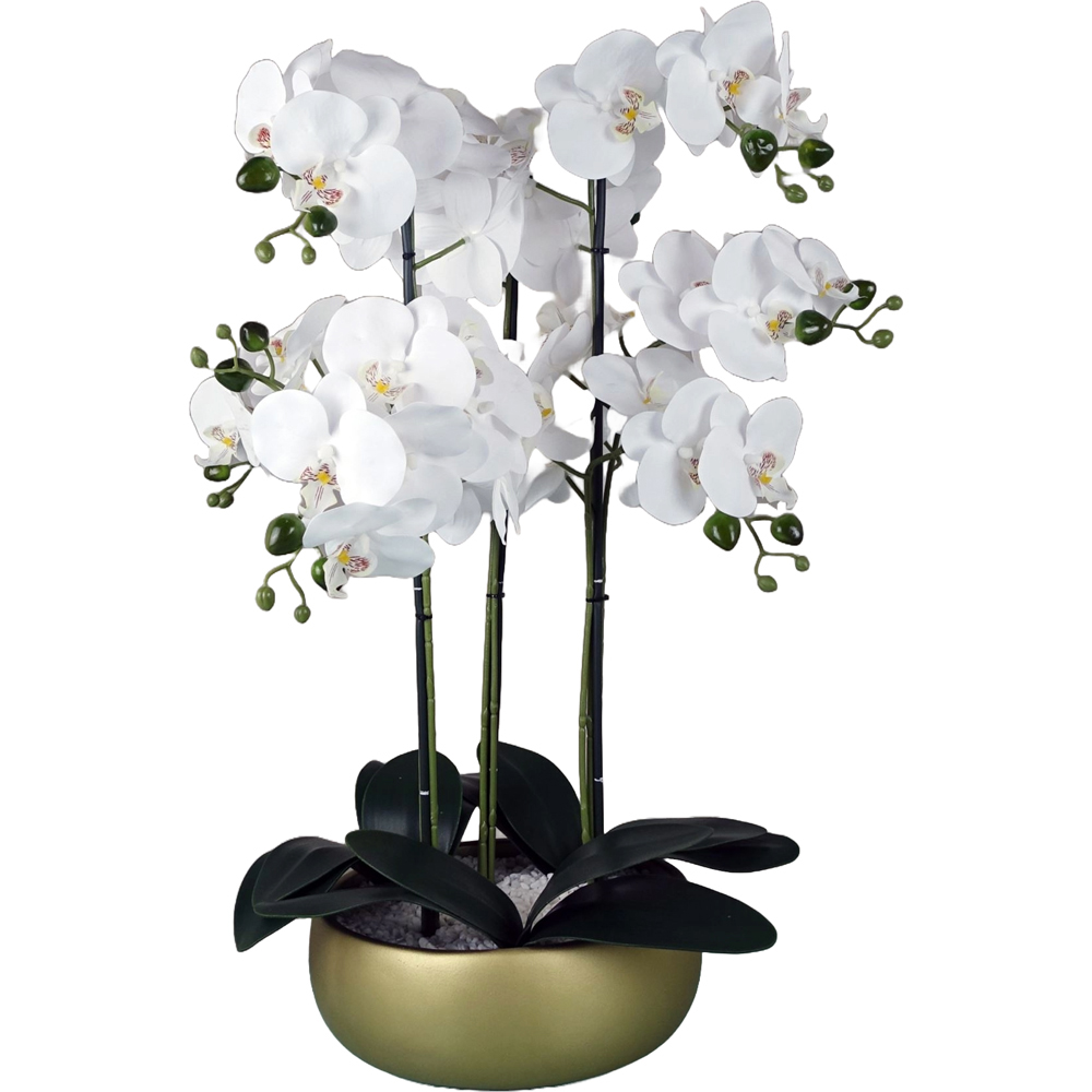 Leaf White Orchid Artificial Plant in Gold Ceramic Planter 2ft Image 1