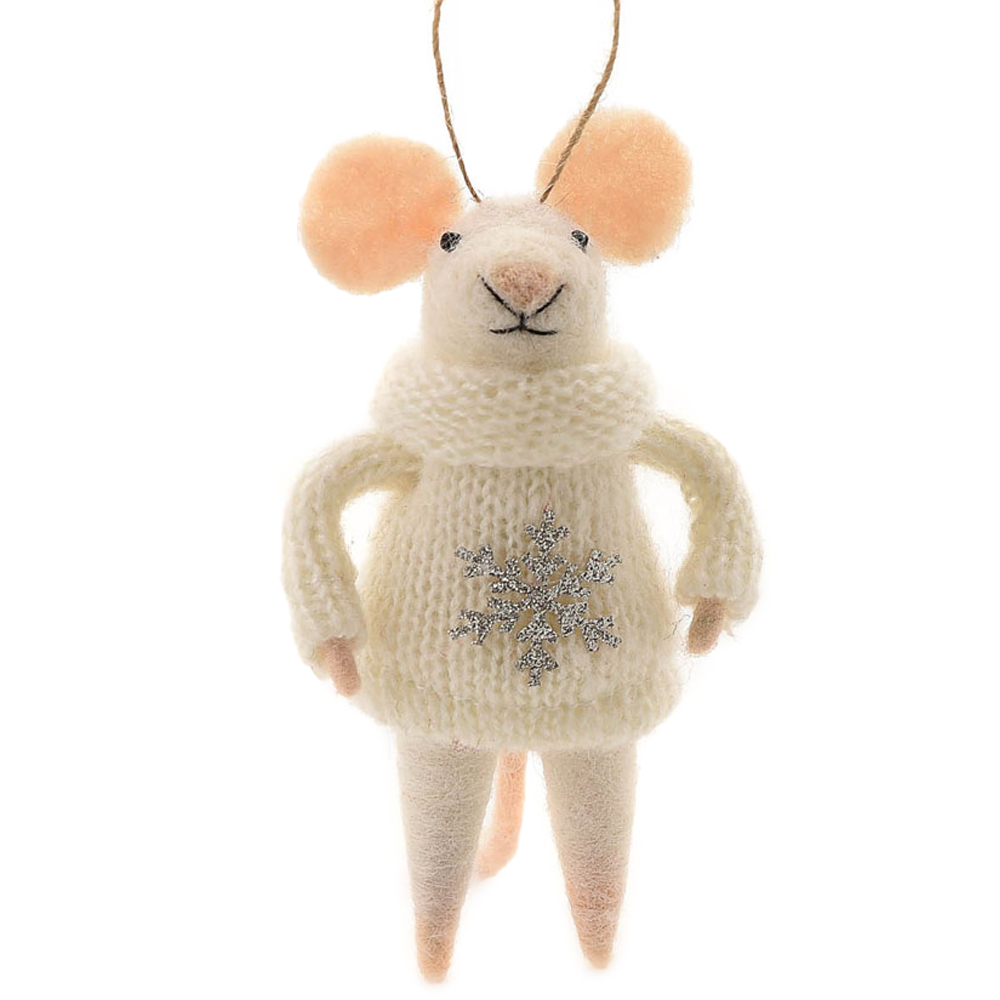 The Christmas Gift Co White Felt Mouse in Snowflake Jumper Decoration Small Image 1