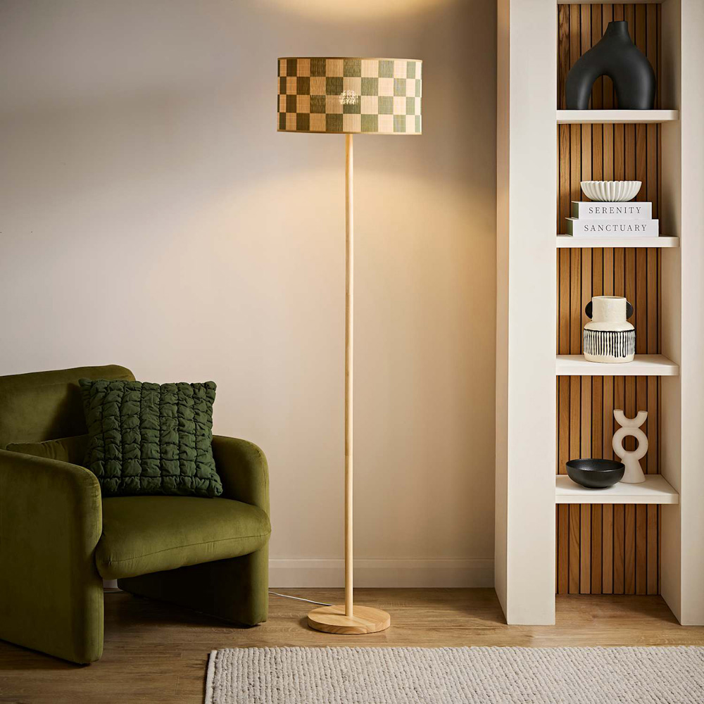 ValueLights Heather Green Check Bamboo Drum Shade Light Wood Stem Floor Lamp with Bulb Image 6
