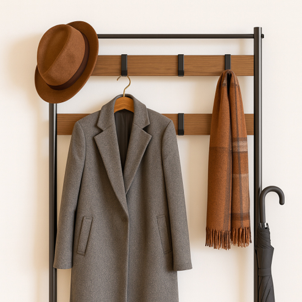 Harbour Housewares 2 Shelf 9 Hook Black and Brown Square Steel Coat Rack with Shoe Storage Bench Image 5