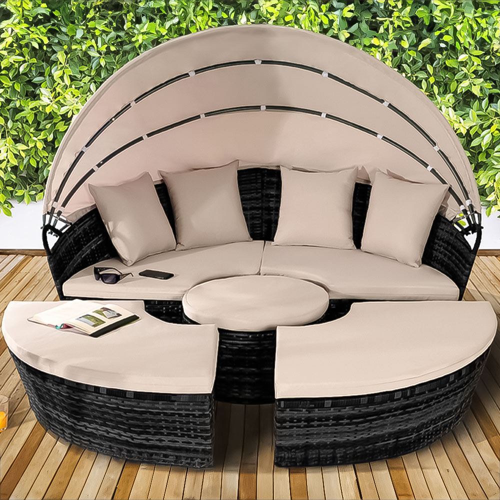 Brooklyn Luxury 8 Seater Black Rattan Sun Lounger Sofa Set with Canopy and Cover 180cm Image 1