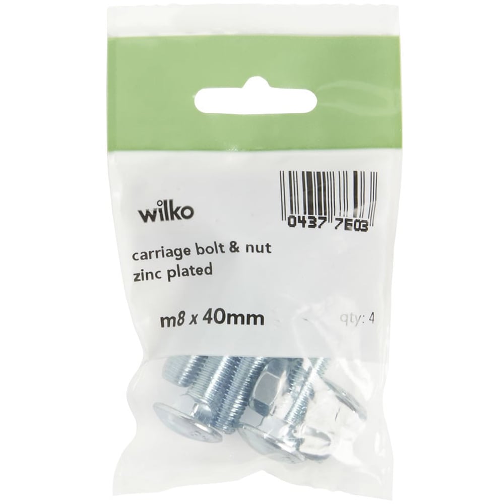 Wilko M8 x 40mm Carriage Bolts and Nuts 4 Pack Image 1