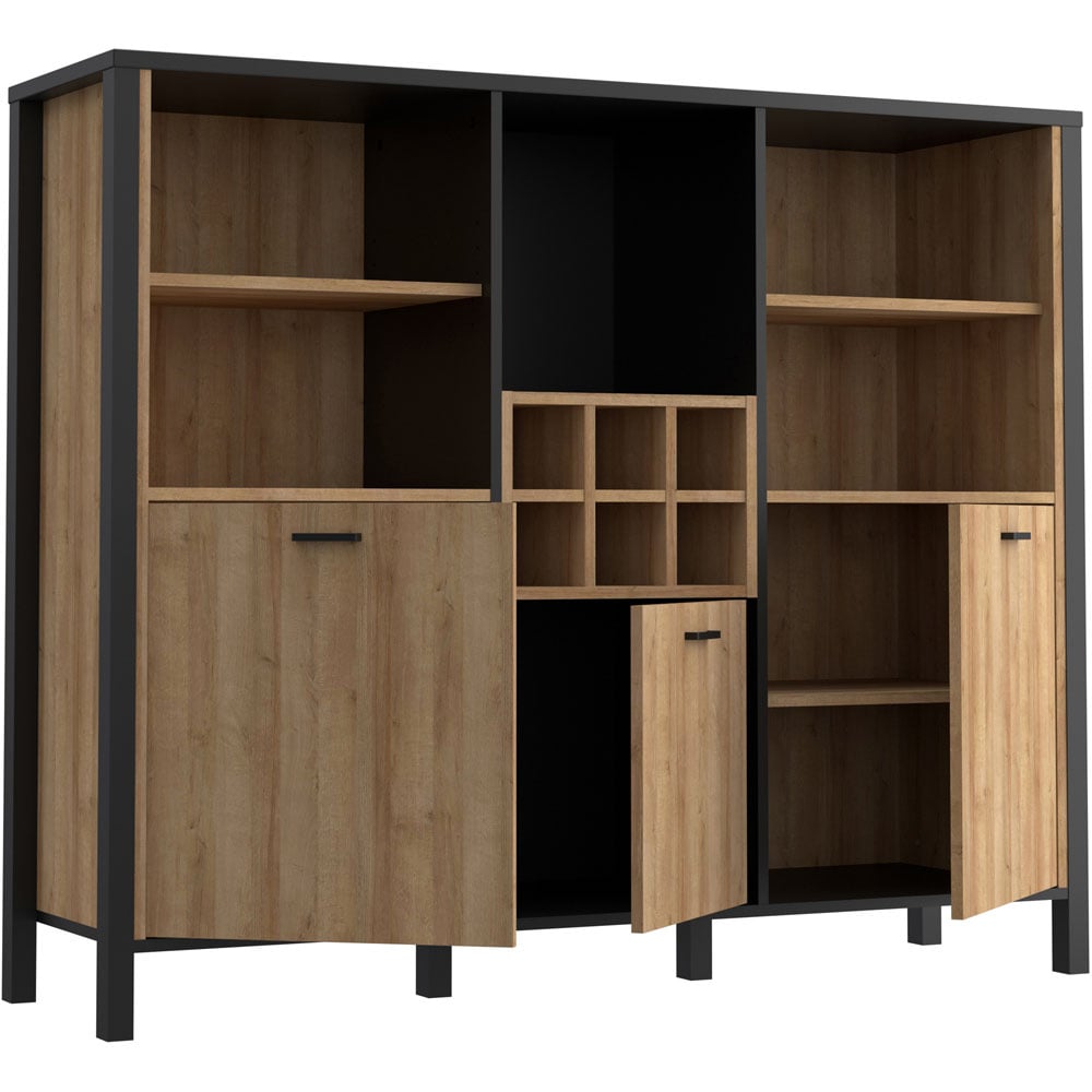 Florence High Rock 3 Door 5 Shelf Matt Black and Riviera Oak Shelf Unit with Wine Rack Image 5