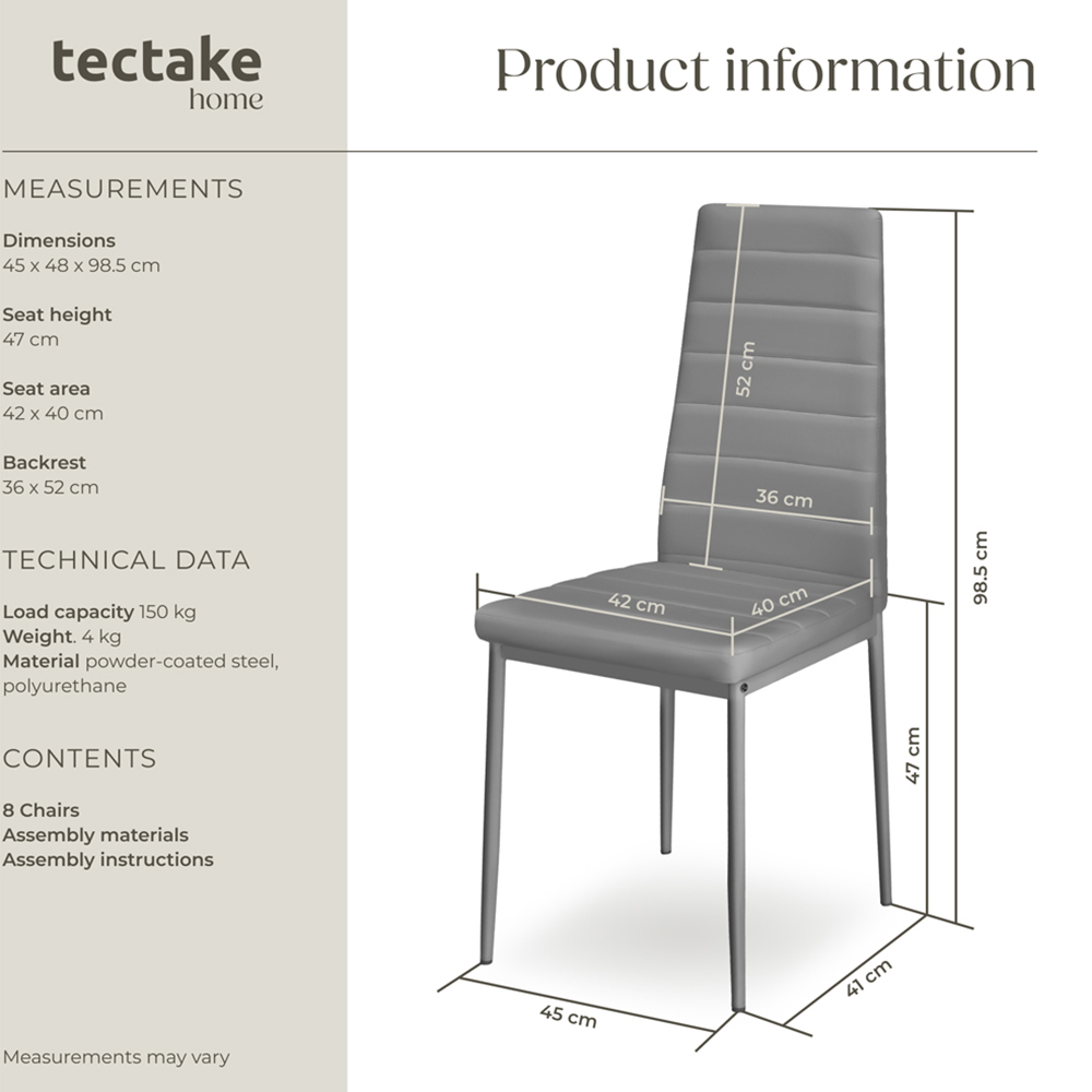 tectake Set of 8 Grey High Backrest Padded Dining Chair Image 9