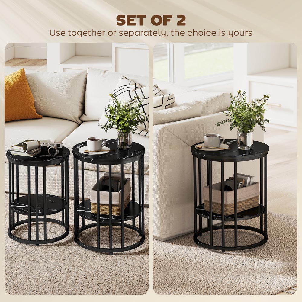 Portland Single Shelf Black Marble Effect Round Coffee Table Set of 2 Image 8