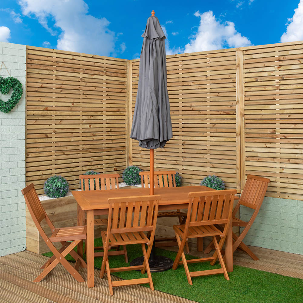 Samuel Alexander 6 Seater Wooden Rectangular Dining Set with Grey Parasol and Base Image 8
