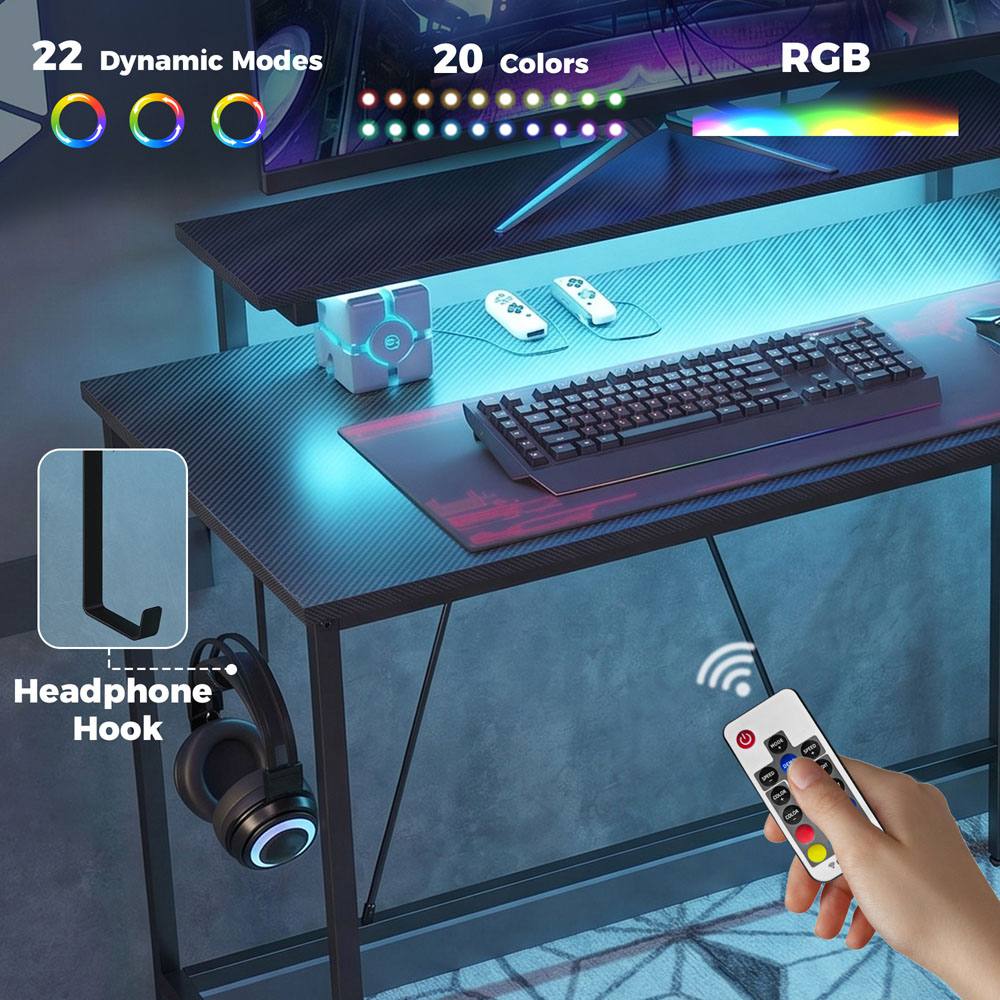 HOMCOM 3 Shelf L-Shaped Office Desk with LED Black Image 5
