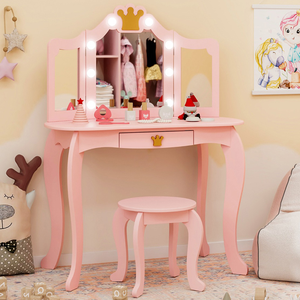 Costway Pink Kids Vanity Set with Lighted Mirror and Stool Image 1