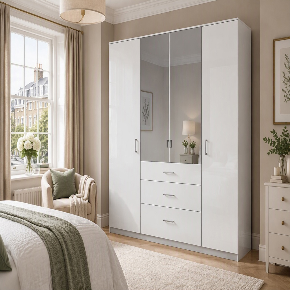 TJ'S Duo 4 Door 3 Drawer White Wardrobe with Mirror Image 4