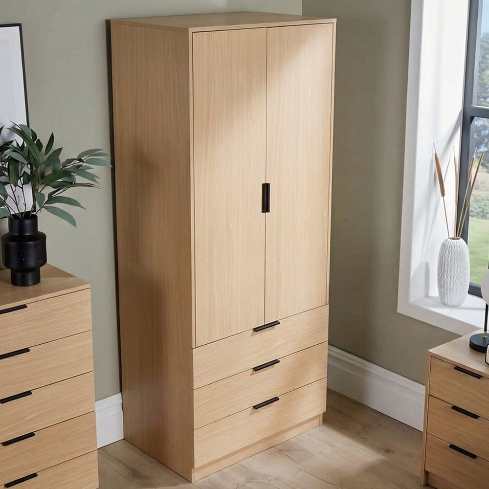 Home Source Phoenix 2 Door 3 Drawer Oak Effect Wardrobe Image 1